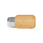 Recycled steel lunch box with bamboo lid and cutlery 490ml silver colour front view