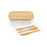 Glass and bamboo lunch box with cutlery and elastic band 800ml transparent colour third view