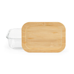 Glass and bamboo lunch box with cutlery and elastic band 800ml transparent colour front view