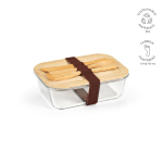 Glass and bamboo lunch box with cutlery and elastic band 800ml transparent colour
