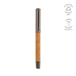 Cork and recycled stainless steel ballpoint pen with smooth blue ink shiny silver colour