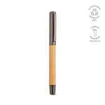 Bamboo and recycled stainless steel pen with blue ink nib shiny silver colour