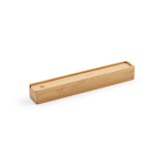 Bamboo and recycled stainless steel pen with blue ink nib view in box