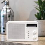 Recycled plastic wireless speaker with LCD screen 15W white colour ambient view