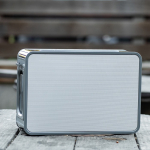 Recycled plastic wireless speaker with 15 m range and 80W silver colour third ambient view