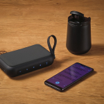 Recycled plastic wireless speaker with removable grilles 10W black colour ambient view
