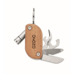 Acacia wood keyring with 7 tools and LED light wood colour main view