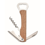 Bamboo bottle opener with dual openers, corkscrew, and cutter wood colour
