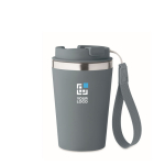 Stainless steel thermal cup with carry strap, 350ml petrol blue colour view with print area