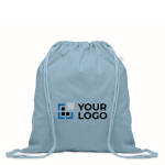 Recycled cotton and RPET drawstring backpack, 140 g/m² riviera blue colour view with print area