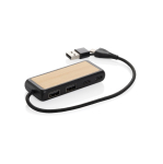 Recycled plastic and bamboo USB hub with 4 ports and dual cable black colour