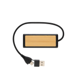 Recycled plastic and bamboo USB hub with 4 ports and dual cable black colour