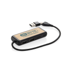Recycled plastic and bamboo USB hub with 4 ports and dual cable black colour