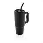 Recycled stainless steel thermal bottle with straw, 900 ml black colour