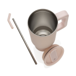 Recycled stainless steel thermal bottle with straw, 900 ml pink colour