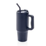 Recycled stainless steel thermal bottle with straw, 900 ml navy-blue colour