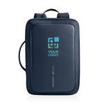 Anti-theft RPET backpack convertible into laptop briefcase, 16” navy-blue colour