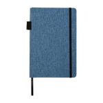Notebook with RPET fabric cover and pen holder, A5, ruled pages cyan blue colour