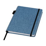Notebook with RPET fabric cover and pen holder, A5, ruled pages cyan blue colour
