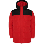 Unisex bi-colour hooded down-style polyester jacket, Roly red colour