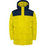 Unisex bi-colour hooded down-style polyester jacket, Roly yellow colour
