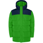 Unisex bi-colour hooded down-style polyester jacket, Roly forest green colour
