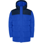 Unisex bi-colour hooded down-style polyester jacket, Roly royal blue colour