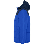 Unisex bi-colour hooded down-style polyester jacket, Roly royal blue colour