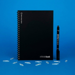 Reusable notebook with flexible cover and marker, A5, plain pages black colour still life view