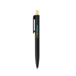 Recycled plastic ballpoint pen with bamboo push button, blue ink black colour image with logo