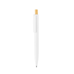 Recycled plastic ballpoint pen with bamboo push button, blue ink white colour first view