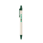 Recycled aluminium ballpoint pen made from milk cartons, blue ink dark green colour image with logo