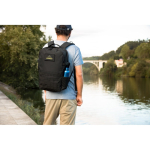 Recycled polyester military-style backpack with straps and badge still life view