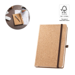 Cork-covered notebook with elastic band and pen holder, A5 plain pages various colours