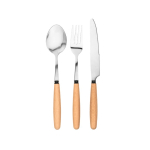 Set of 3 cutlery pieces in acacia wood and stainless steel natural colour first view