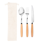Set of 3 cutlery pieces in acacia wood and stainless steel natural colour second view