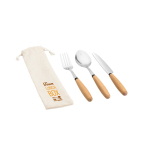 Set of 3 cutlery pieces in acacia wood and stainless steel natural colour image with logo