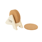 Plywood stand with 6 cork coasters natural colour image with logo 2