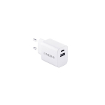 Recycled plastic power adapter with two USB ports white colour image with logo