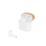 Wireless earphones with bamboo lid and 5 hours of battery life white colour first view
