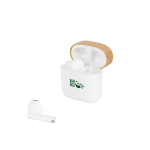 Wireless earphones with bamboo lid and 5 hours of battery life white colour image with logo 2