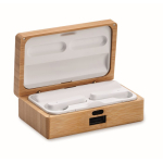 Wireless earphones with microphone in a bamboo case wood colour