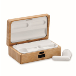 Wireless earphones with microphone in a bamboo case wood colour third view