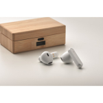 Wireless earphones with microphone in a bamboo case wood colour fourth photographic view