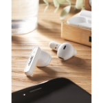 Wireless earphones with microphone in a bamboo case wood colour main ambient view