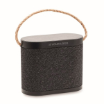 Black wireless speaker with jute carry handle, 15W black colour view with print area