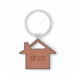 Metal keyring in the shape of a house with synthetic leather inlay brown colour view with print area