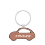 Metal keyring in the shape of a car with synthetic leather inlay brown colour view with print area