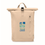 Recycled cotton roll-top backpack with front zipper beige colour view with print area