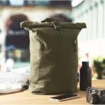 Recycled cotton roll-top backpack with front zipper military green colour second ambient view